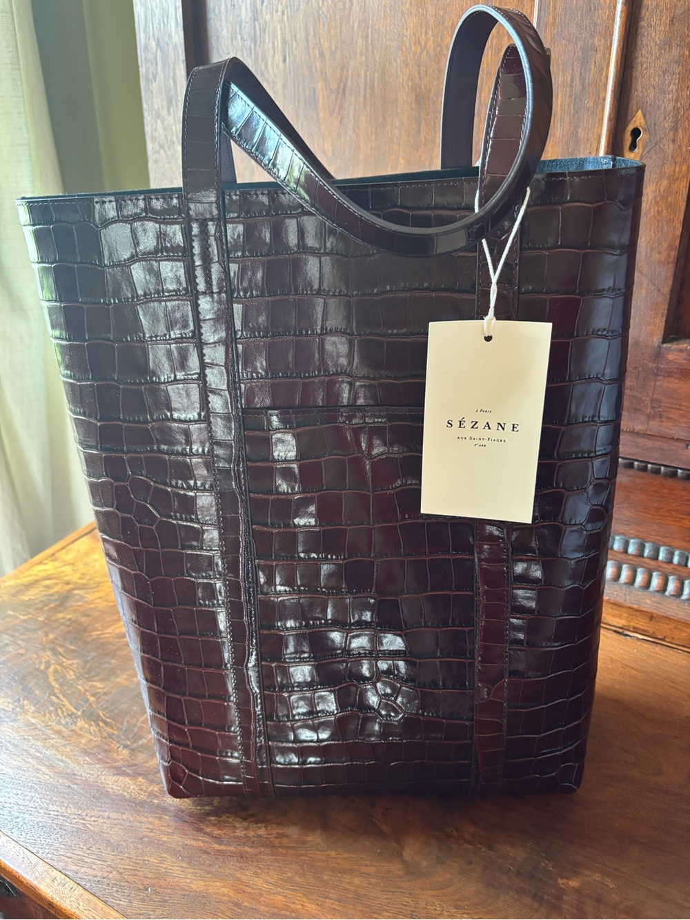 Sezane The Tote Croc-Embossed Leather Tote in Dark Brown - Picture 4 of 11